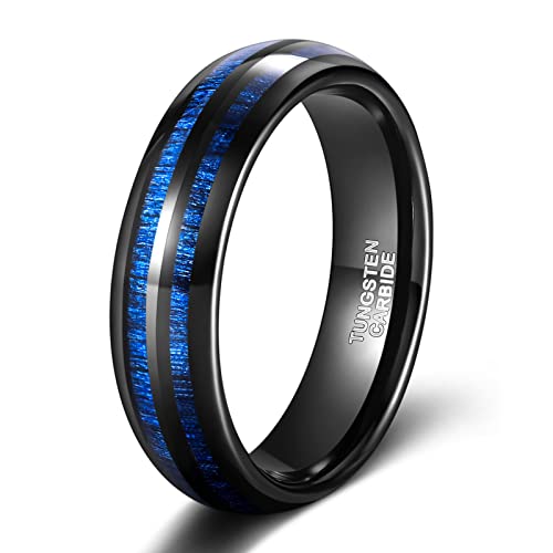 TRUMIUM 6mm 8mm Mens Tungsten Wedding Rings Blue Maple Wood Inlay Black Tungsten Carbide Ring Engagement Band Beveled Edges Comfort Fit Size 6-13