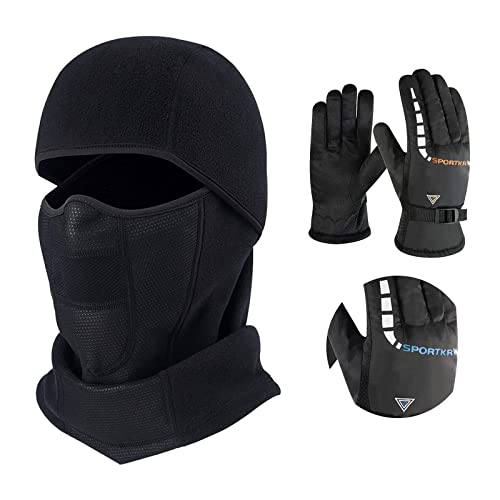 LOPOTIN Balaclava Chapeau Multifonction, Cagoule Moto Homme Cagoule Vélo Hiver Homme Femme Masque Universelle avec Gants d'hiver pour Ski Randonnée Cyclisme Escalade Noir Cover