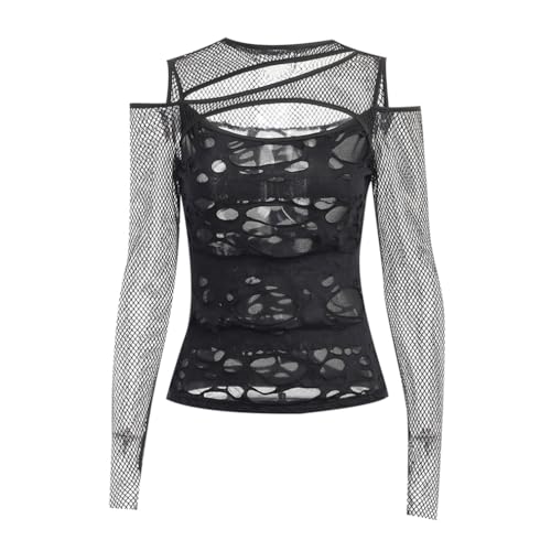 Punk Rock T-Shirt Gothic Cut Out Top Mesh Grunge Rave Goth Black Tee Shirts for Women Cutout Emo Alt y2k Fashion Steampunk by TOMETO STAR - Used condition - US$19.00