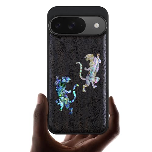 Carveit Madera Funda para Google Pixel 9 Compatible con MagSafe [Grabado en Madera e incrustación de mejillones] Magnética Cover para Pixel 9 Carcasa (Madera Oscura-Tigre Entre Flores)