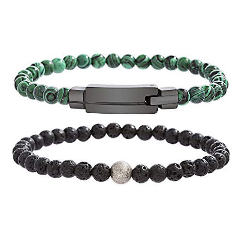 Steve Madden Lava Stone and Beaded Stretch Duo Bracelet Set in Stainless Steel Green/Black One Size