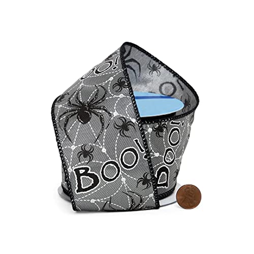 Image of Boo! Spiders Halloween Wired Ribbon - 2 1 /2 inch x 10 Yards, Gray & Black, White Webs, Bows, Wreath, Party Decor, Gift Basket, Classroom, Office, Haunted House