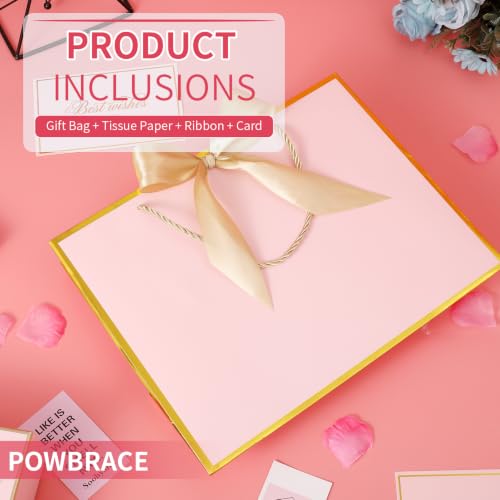 Image of Powbrace 13 inch Medium Pink Gift Bag Set with Handle - 2 Bags Featuring Bows, 4 Tissues, and 2 Greeting Cards for Wedding, Baby Shower, Father's Day, Mother's Day, Birthday Party