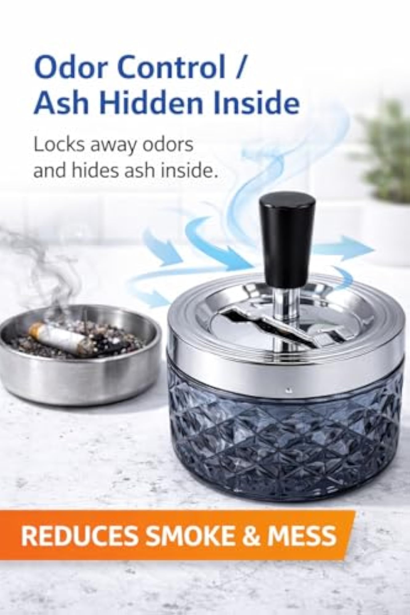 Round Push Down Glass Ashtray with Spinning Tray