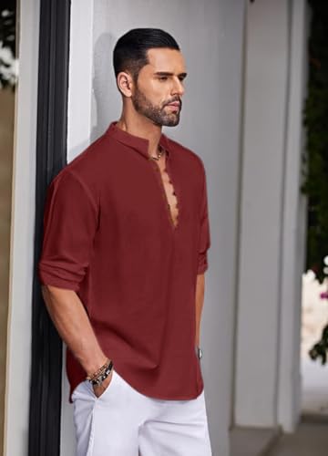 Image of Macsivo Men's Stylish Mandarin Collar Kurta | Casual Ethnic Fusion Shirt for Daily, Party & Travel | Full Sleeves | Cotton Blend Comfort Fit Short Kurta