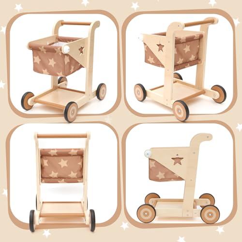 Asweets 2 in 1 Wooden Baby Walker Push and Pull Doll Stroller, Shopping Cart Learning Walker for Boys and Girls, Sit Stand Learning Toddler Toy (Brown) - Thumbnail 6