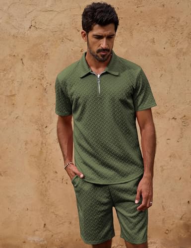 Image of URRU Mens Textured Polo Shirt and Shorts Sets Outfits 2 Piece Summer Tracksuits Casual Quarter Zip Golf Polo Shirts