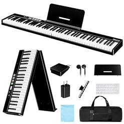 Rhymo 88 Key Semi-Weighted Piano Keyboard, Full Size Folding Digital Piano for Travel, Compact Portable Piano Keyboard Features an LCD Display Screen, Sustain Pedal, Earbuds for Beginners - Les Beatles, Paul McCartney, John Lennon, RIngo Starr, George Harrison