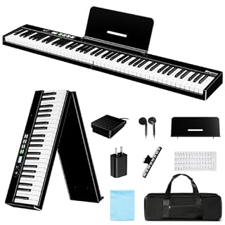 Rhymo 88 Key Semi-Weighted Piano Keyboard, Full Size Folding Digital Piano for Travel, Compact Portable Piano Keyboard Features an LCD Display Screen, Sustain Pedal, Earbuds for Beginners - Les Beatles, Paul McCartney, John Lennon, RIngo Starr, George Harrison