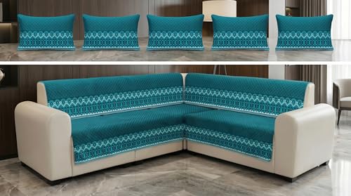 Image of Luxury Sofa Cover L Shape 5 Seater with Matching Cushion Cover 16x16 inch - Turquoise Diamond 3+2 Seater (5 Seater) Quilted Sofa Cover Set Pack of 10, Washable, Turquoise