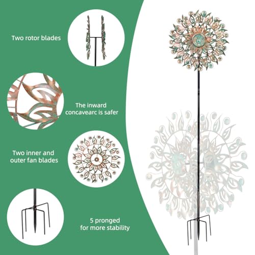 DREAMYSOUL Metal Wind Spinner, 16.5" Dia *64" Tall Large Wind Spinners Outdoor, 5 Pronged Kinetic Wind Sculptures & Spinners for Garden and Yard (Bronze) - image 7