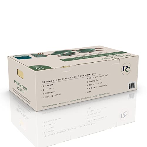 Phantom Chef 18-Piece Cookware Set | Non-Stick Ceramic Coating | Oven & Dishwasher Safe | Pfoa-Free | Aluminum Pots & Pans Set With Lids | Stay-Cool Handles | Induction Stovetop Compatible (Green) #TOP4