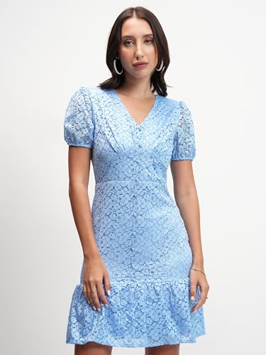 Image of Tokyo Talkies Women's Graceful Self-Design A-Line Flared Dress with Puff Sleeves Chic & Playful for Any Occasion