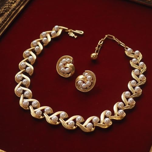 Boucles d'oreilles non percées perle brossée et collier vintage ruban - 4