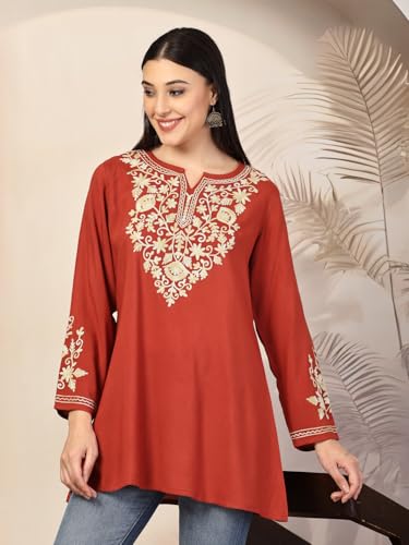 Image of QAZMI Women's Jasmine Kashimiri Aari Embroidered Viscose Rayon A-Line Flared Short Kurti