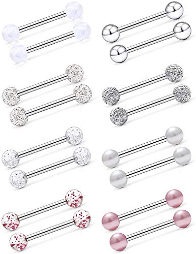 14G Piercing Teton Acier Chirurgical Piercing Langue Barbell Piercing Teton Piercing Bijoux de Corps Retainer Femme Homme Longueur de la Barre 14mm 8 Paires Cover