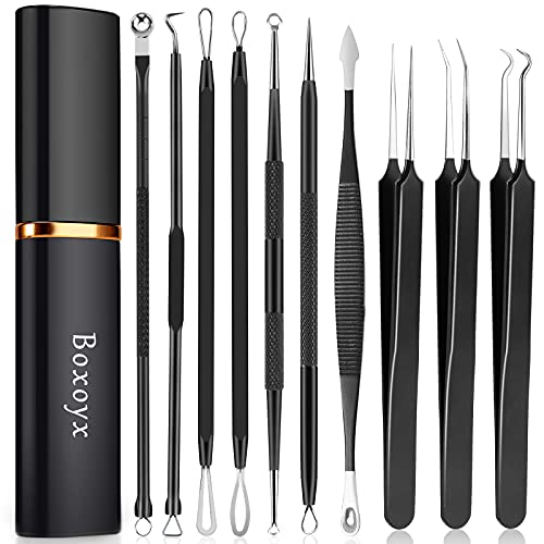 Boxoyx Pimple Popper Tool Kit - 10Pcs Blackhead Remover Comedone Extractor Tool Kit with Metal Case for Quick and Easy Removal of Pimples Blackheads Zit Removing Forehead Facial and Nose(Black)
