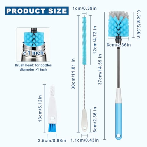 Image of Bottle Brush 15-inch Long Bottle Brush, Kitchen Brush Set with Straw Cleaner and Cup Lid Cleaning Brush. Bottle Brushes Suitable for Water Bottles, Cups, Glasses, Baby Bottles (4, Blue)