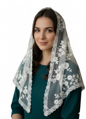 Image of White Triangle church scarf, Christian scarf, with wig clip(wig pin) 120 * 80 cm. Elegant Floral Lace Mantilla Veil, Traditional Catholic Church Head Covering