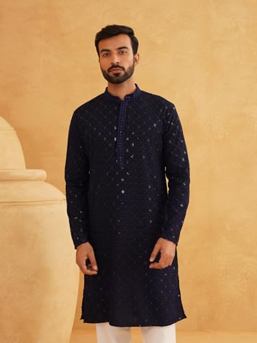 Image of SOJANYA Men's Coffee Brown Cotton Blend Kurta with Intricate Embroidery & Subtle Sequin Work