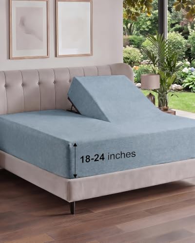 Image of Extra Deep Flex Top Split Head King Fitted Sheet - Hotel Luxury Single Fitted Sheet Only - Easily Fits 18 inch to 24 inch Mattress - Ultra Soft, Wrinkle Free w /Extra Deep Pockets - Heathered Blue