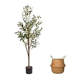CyanZen 4FT Artificial Olive Tree Indoor, Tall Faux Olive Tree with Pot&Basket, Large Fake Olive Tree with Realistic 576 Silk Leaves and 32 Fruits for Living Room Home Office Decor.
