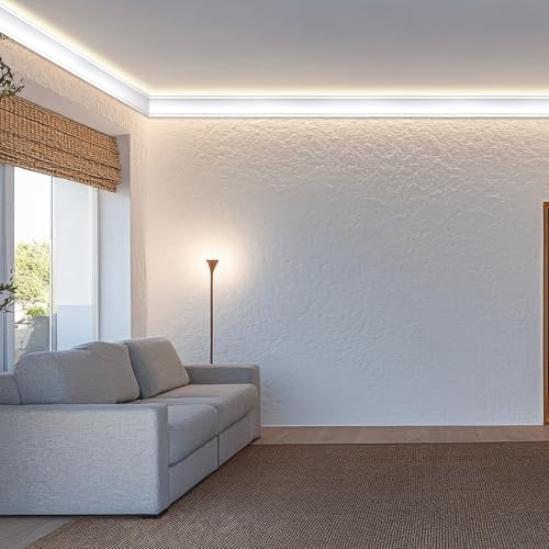 Image of Pushglossy 18 Pcs 47.24″(Total 70.9 Ft) Ceiling Crown Molding with LED Duct Kit for Seamless Ambient Accent Lighting Waterproof Channel for Easy LED Trim Moulding Strip Installation(Rear Groove)