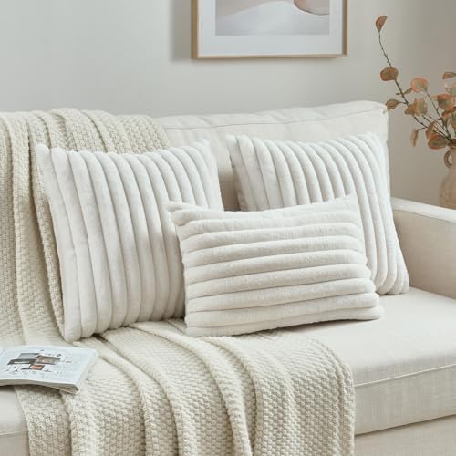 FUTEI Cream White Striped Decorative Throw Pillow Covers 12x20 Inch Set of 2,Rectangle Fall Decorations Couch Lumbar Pillowcase,Soft Cozy Faux Rabbit Fur & Velvet Back,Modern Home Decor for Bed