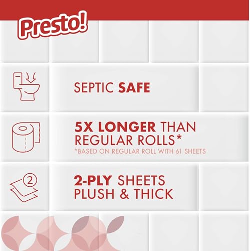 Image of Amazon Brand - Presto! Ultra-Strong 2-Ply Toilet Paper, 24 Mega Rolls = 120 Regular Rolls, 308 Sheets Per Roll, Unscented