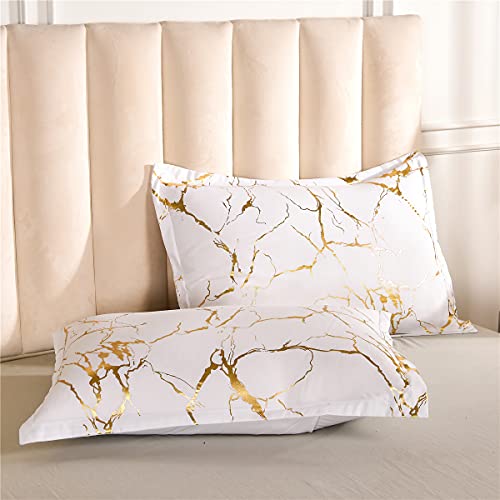 Holawakaka White Gold Metallic Marble Duvet Cover Set Queen Size Foil Print Glitter Bedding Set (White Queen, No Comforter) #TOP5