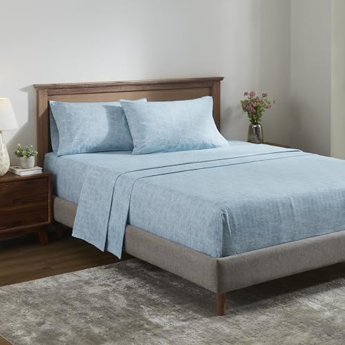Image of Superior Melange Flannel Cotton Sheet Set, Ultra-Soft Brushed Sheets, Modern, Farmhouse Bedding, Basics, Includes; Flat Sheet, Elastic Deep Pocket Fitted Sheet, Pillowcases, Full, Washed Blue