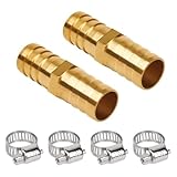 JUWO 3/4' Barb Fitting, Brass Hose Barb Union Splicer, Heavy-Duty and Leak-Free Hose Repair Kit for Air, Water, Fuel Line, 4 Stainless Steel Clamps Included, 2 Pack