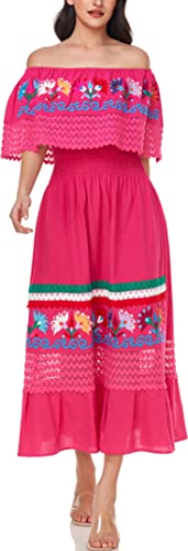 Image of YZXDORWJ Women Embroidered Mexican Peasant Casual Sexy Lace Off-Shoulder Long Dress