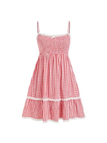 CIDER Gingham Smocked Dress for Women Plaid Lace Tiered Midi Sundress Summer Casual Dresses