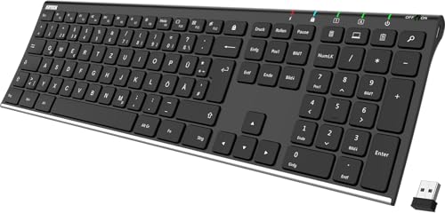 Arteck Kabellose Tastatur, Deutsches QWERTZ Layout Edelstahl Wiederaufladbare USB Anschluss 2,4 GHz Kabellos Tastatur mit Multimedia, Kompatibel mit PC, Computer, Notebook, Laptop, Windows 11, 10, 8