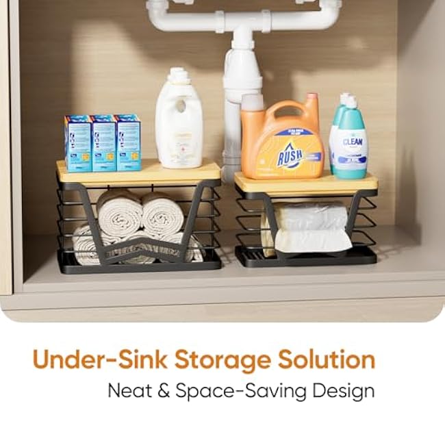 2 Pack Trash Bag Holder, Wall Mount Trash Bag Holder with Bamboo Top, Garbage Bag Dispenser Roll Holder, Pantry Organizers Wall Mounted Laundry Room Organization Storage, Black Small& Large