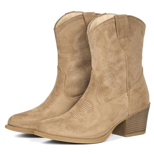 Image of IXU Cowboy Boots for Women Ankle Cowgirl Booties Wide Mid Calf Pointed Toe Western Boots Short Chunky Classic Booties