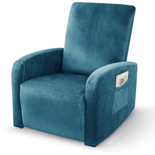 Image of ZNSAYOTX Velvet Small Recliner Cover 3-Piece, Luxury Plush Recliner Chair Covers with Elastic Band & Tie Straps Stay in Place, Stretch Reclining Slipcover for Lazy Boy Soft Washable (Peacock Blue)