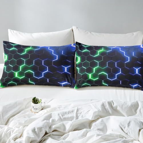 Housse de couette motif hexagonal vert bleu néon lot de 2 lit enfant S - 6