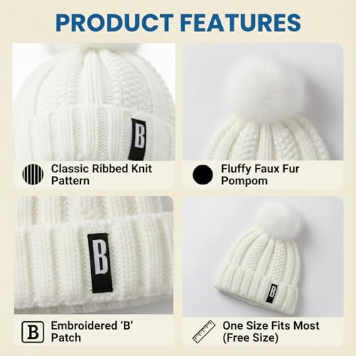 Image of Kraptick Women's Winter Cap - Knit Beanie with Soft Fleece Lining Hat, Stylish Pom Pom Thick Woollen Skull Cap, Warm Hat for Ladies & Girls -3