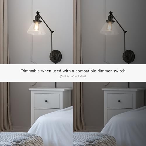 Image of Design House Augustin Wall Sconce, 1-Light, 3-Point Swing Arm, Seeded Glass Glow, Hardwire /Plug-in Easy Installation, On /Off Backplate, E26 Socket, Black, 7.9 in L x 17.3 in W x 38.6 in H, 589077-BLK | Adjustable Swing Arm, Adjustable, Wall Mount, Contemporary /Modern, Steel, Lighting, 589077-BLK