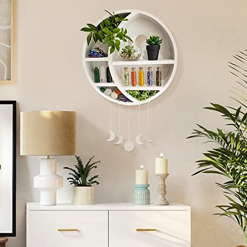 Ella & Emma 5-Shelf Pine Wooden Crescent Moon Crystal Shelf - Bohemian Style, Wall Mount, Bedroom, Living Room, Office