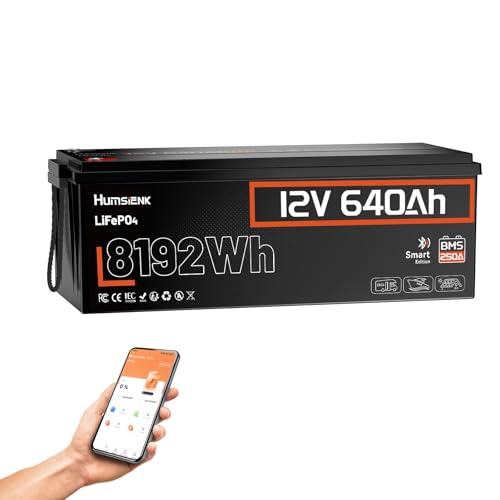 Image of HumsiENK 12V 640Ah LiFePO4 Lithium Battery Bluetooth, 250A BMS, 15000+ Cycles 600Ah+ LiFePO4 Battery, IP65 & Low Temp Protection, Max. 8192Wh Output Perfect for Off-Grid, Home Backup, Solar Energy