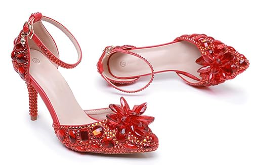 Minishion Womens Rhinestone Wedding Shoes Pumps with Flower Evening Prom Heels3