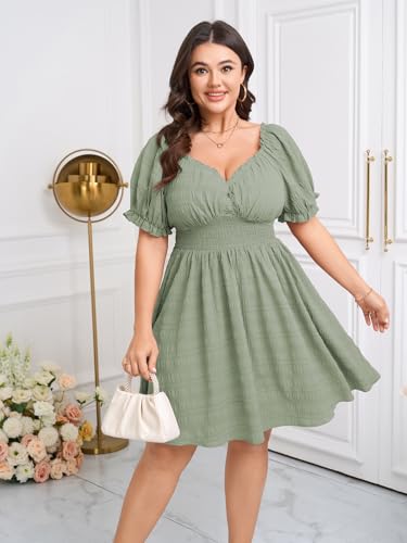 Image of SCOMCHIC Womens Plus Size Summer Dresses Casual Sun Dress Sweetheart V Neck Puff Short Sleeve Smocked A Line Mini Dress