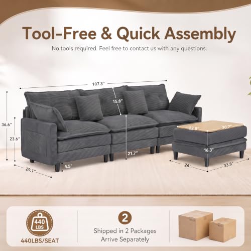 Image of 107.3 inch L-Shaped Modular Sectional Sofa with Storage Ottoman, 3-Seat Deep Seat Corduroy Cloud Sofa with 4 Throw Pillows, Cloud Couch for Living Room, Bedroom, Apartment, Tool-Free Assembly, Grey
