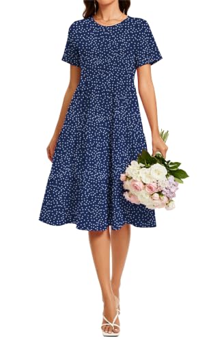 Image of Womens Summer Short Sleeve Crew Neck Midi Dress 2026 Casual Fit Flowy Tiered Beach Vacation Sundress with Pockets