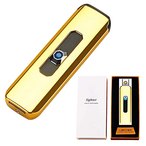 VVIA Lighter, Upgrade Flameless USB Electric Lighter, Mini Push Type Windproof Rechargeable Lighter, Slim Coil Portable Plasma Mute Lighter for Camping Indoor Outdoor Cigarette Lighter (Gold)