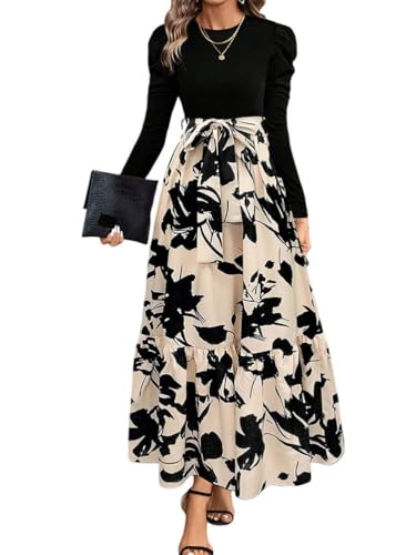 shownicer Robe Femme Elegant Manches Longues Robe A-Line à Col Rond Vintage Casual Robe Taille Haute Décontractée Robes Longue pour Automne et Hiver A Kaki M