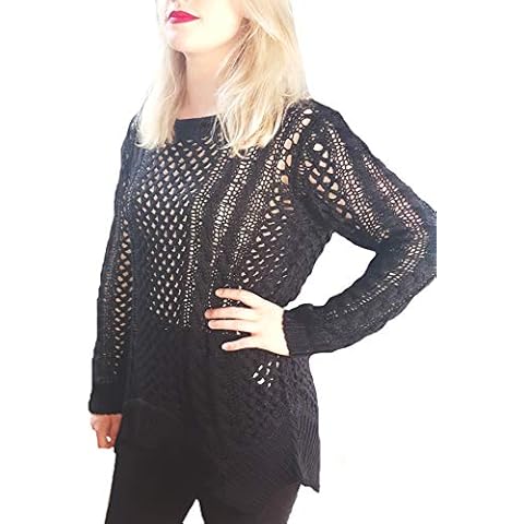 TopsandDresses Ladies Jet Black Crochet Holey Knit Long Sleeve Jumper Sweater in UK Size 16 EU 42 Cover